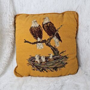Vintage Bald Eagle Family Needlepoint Petit Point Pillow Gold Velvet Americana